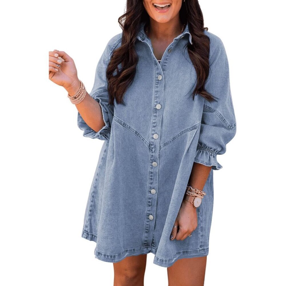 Women’s Smocked Denim Dress 3/4 Sleeve Button Down Casual Summer Mini